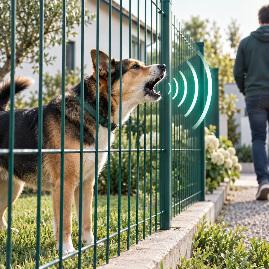 Dog barking behind a fence