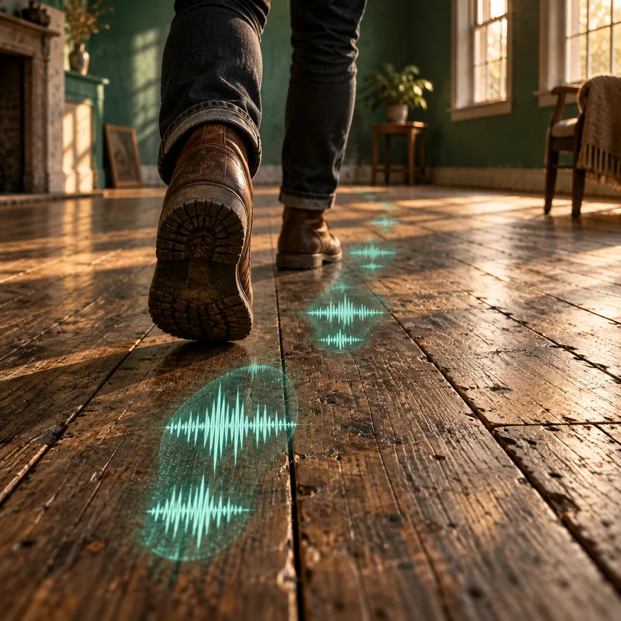 Footsteps crossing an old wooden floor