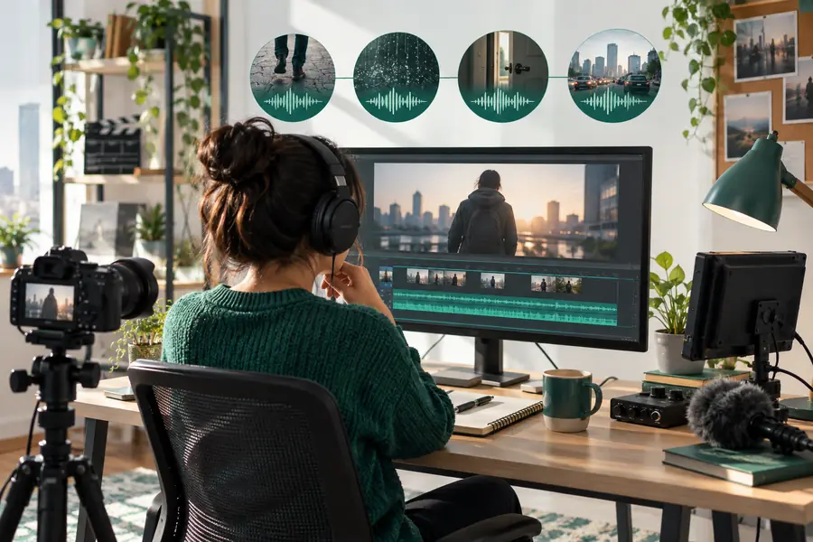 Illustration representing a video scene with a sound-generation workflow